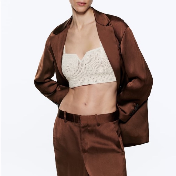 Zara Set - Brown Satin Effect Flowy Blazer with Pockets & High Waist Pants - Picture 9 of 16